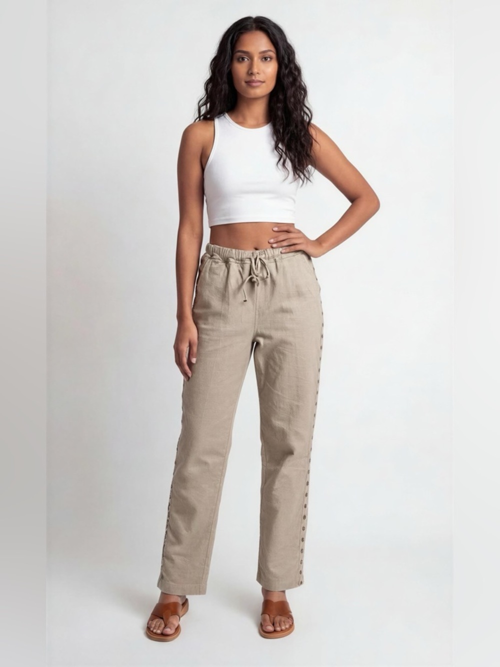 Kaktus Tan Linen Blend Joggers with Grommet Detail Side Seams Drawstring Large